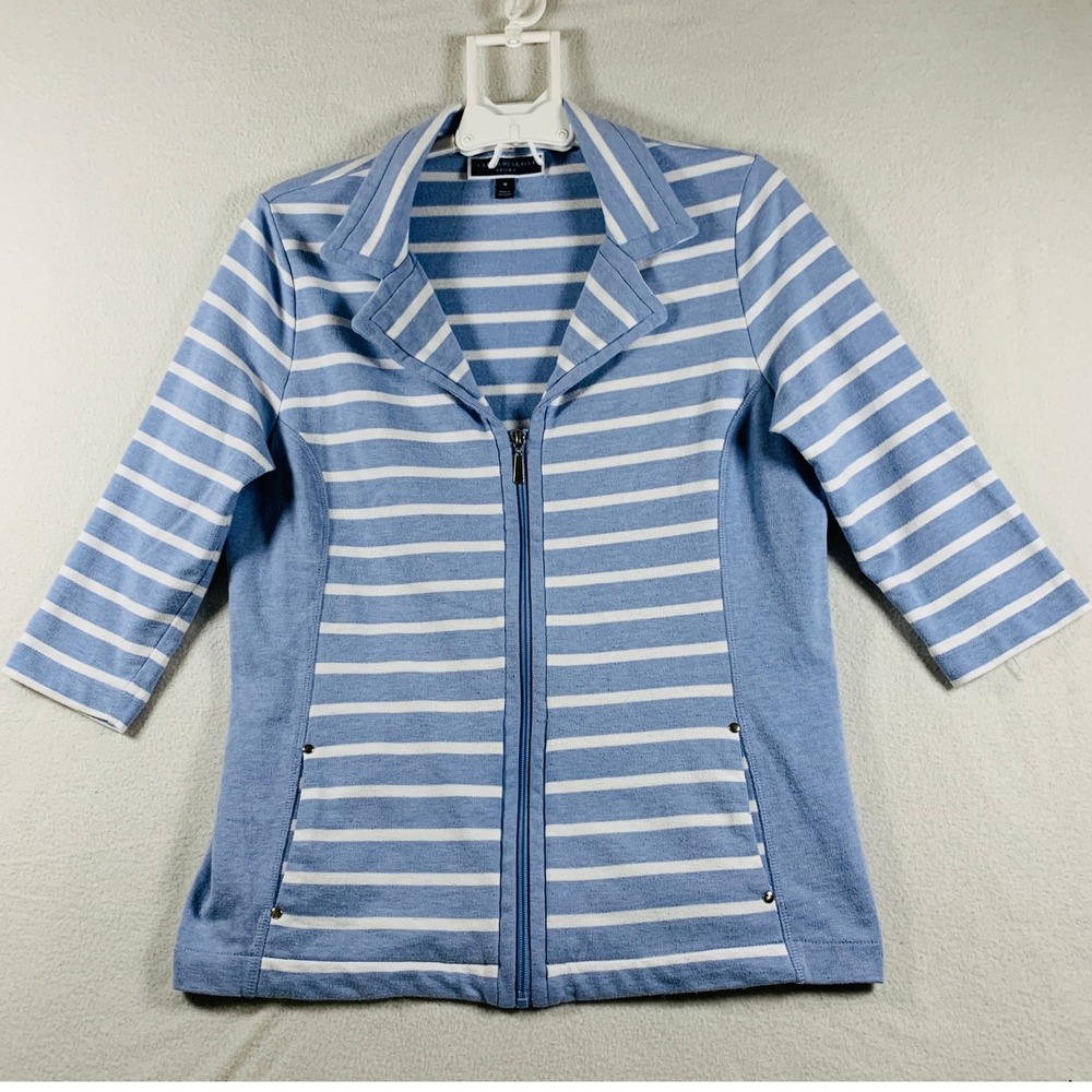 Karen‎ Scott Sport Women's 3/4 Sleeve Zip Up Striped Jacket Blue White Size M